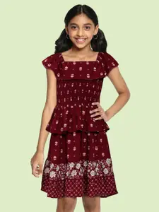 Global Desi Girls Maroon Printed Fit & Flare Dress