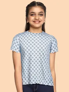 Global Desi Girls White & Blue Printed T-shirt