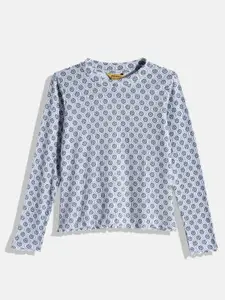 Global Desi Girls White & Blue Floral Printed Top