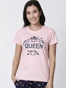 Kryptic Women Pink & Blue Printed Pure Cotton Lounge T-Shirt
