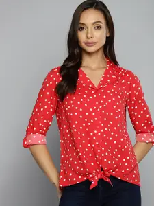 Harvard Women Red & White Polka Dot Printed Casual Shirt with Knot detail