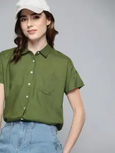 Harvard Women Olive Green Solid Casual Shirt