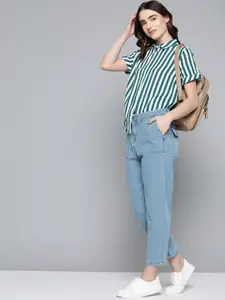 Harvard Women White & Green Striped Casual Shirt
