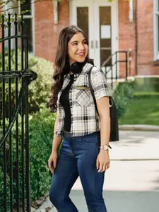 Harvard Women Off White & Navy Blue Tartan Checked Casual Shirt