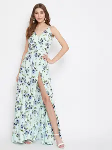 Berrylush Woman Green Floral Crepe Maxi Dress
