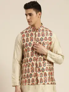 SOJANYA Men Beige & Teal Blue Floral Print Nehru Jacket