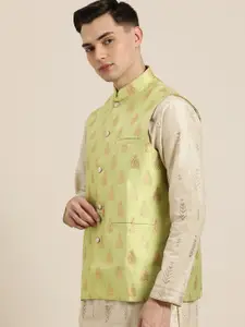 SOJANYA Men Green & Golden Self-Design Nehru Jacket