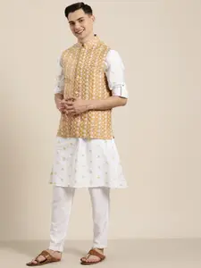 SOJANYA Men Beige & White Chikankari Embroidered Nehru Jacket