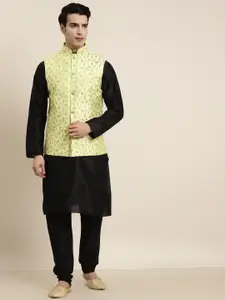 SOJANYA Men Black & Green Kurta with Churidar & Embroidered Nehru Jacket