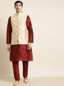SOJANYA Men Maroon Kurta with Churidar & Nehru Jacket