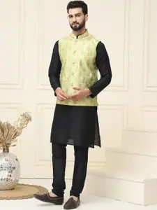 SOJANYA Men Black & Green Kurta with Churidar & Woven Design Nehru Jacket