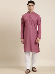 SOJANYA Men Pink Pure Cotton Solid Kurta with Churidar