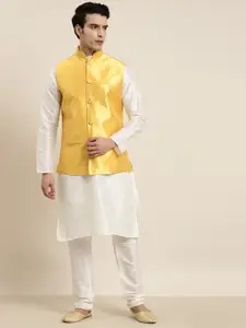 SOJANYA Men Off-White & Yellow Kurta with Churidar & Woven Design Nehru Jacket