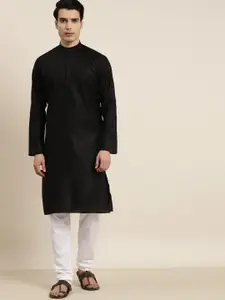 SOJANYA Men Black Cotton Linen Solid Kurta with Churidar