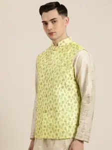 SOJANYA Men Lime Green & Golden Chikankari Embroidered Nehru Jacket