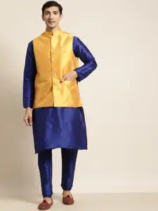 SOJANYA Men Blue & Mustard Yellow Kurta with Pyjamas & Woven Design Nehru Jacket