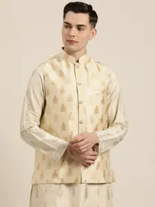 SOJANYA Men Beige & Golden Self-Design Nehru Jacket