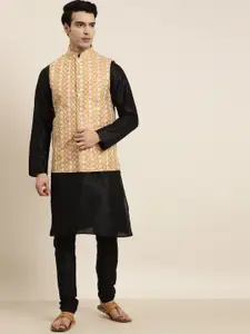 SOJANYA Men Black & Beige Kurta with Churidar & Embroidered Nehru Jacket