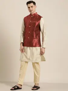 SOJANYA Men Maroon & Golden Self-Design Nehru Jacket