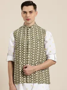 SOJANYA Men Olive Green & White Chikankari Embroidered Nehru Jacket