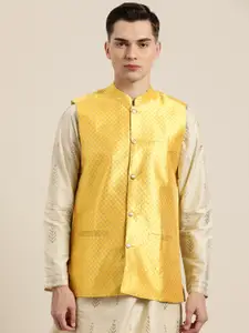 SOJANYA Men Yellow & Golden Self-Design Nehru Jacket