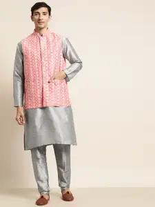 SOJANYA Men Grey & Pink Kurta with Pyjamas & Embroidered Nehru Jacket
