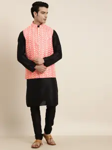 SOJANYA Men Black & Peach-Coloured Kurta with Churidar & Embroidered Nehru Jacket