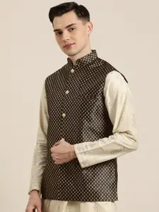 SOJANYA Men Black & Golden Self-Design Nehru Jacket