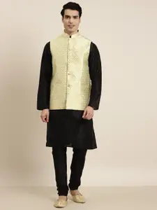 SOJANYA Men Black & Light Green Kurta with Pyjamas & Woven Design Nehru Jacket