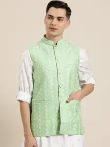 SOJANYA Men Green & White Chikankari Embroidered Nehru Jacket