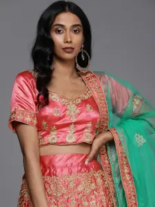 Mitera Green & Pink Semi-Stitched Lehenga & Unstitched Blouse With Dupatta
