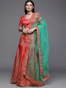 Mitera Pink & Green Embroidered Semi-Stitched Lehenga & Unstitched Blouse With Dupatta