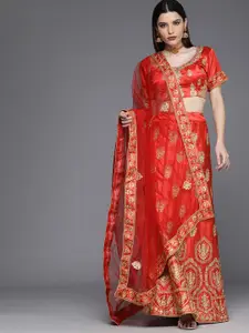 Mitera Red & Gold-Toned Embroidered Semi-Stitched Lehenga & Unstitched Blouse With Dupatta