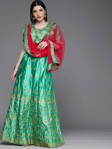 Mitera Green & Gold-Toned Semi-Stitched Lehenga & Unstitched Blouse With Dupatta