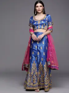 Mitera Blue & Pink Embroidered Semi-Stitched Lehenga & Unstitched Blouse With Dupatta