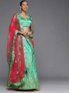 Mitera Green & Pink Woven Design Semi-Stitched Lehenga & Unstitched Blouse With Dupatta