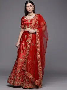 Mitera Red Embroidered Semi-Stitched Lehenga & Unstitched Blouse With Dupatta