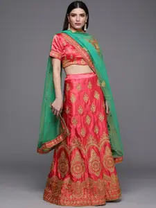 Mitera Pink & Green Embroidered Semi-Stitched Lehenga & Unstitched Blouse With Dupatta