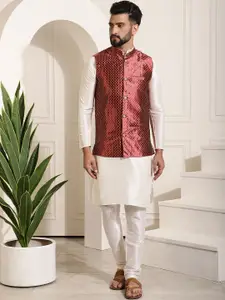 SOJANYA Men Off White Kurta with Churidar & Nehru Jacket