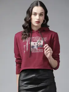 KASSUALLY Women Maroon & White Alphanumeric Print Hooded Sweatshirt