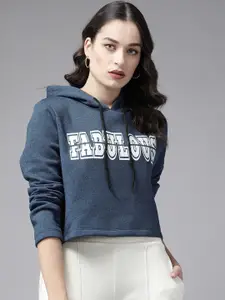 KASSUALLY Women Blue & White Printed Hooded Sweatshirt