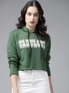 KASSUALLY Women Green & White Printed Hooded Sweatshirt