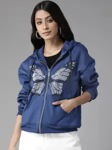 KASSUALLY Women Blue & Silver Butterfly Embellished Hooded Sweatshirt