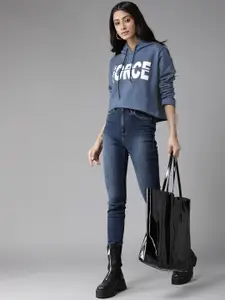 KASSUALLY Women Navy Blue & White Melange Effect Typography Print Hooded Crop Sweatshirt