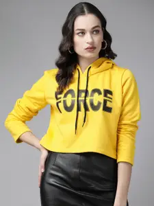 KASSUALLY Women Yellow& Black Printed Hooded Sweatshirt
