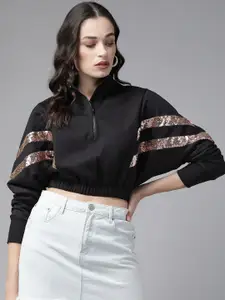 KASSUALLY Women Black & Golden Sequinned Detail Crop Sweatshirt