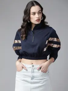 KASSUALLY Women Navy Blue Solid Cropped Sweatshirt