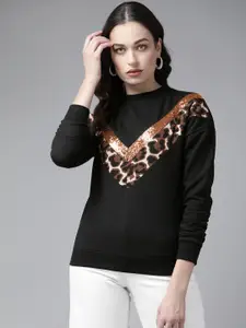 KASSUALLY Women Black & Brown Leopard Print Sweatshirt