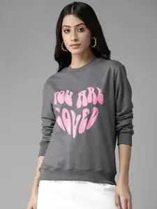 KASSUALLY Women Grey Melange Printed Sweatshirt