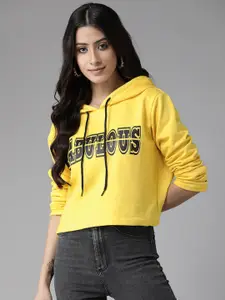 KASSUALLY Women Yellow Printed Hooded Sweatshirt